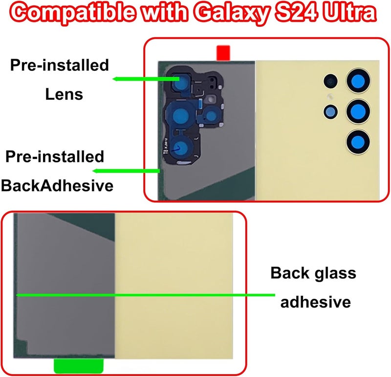 Anglepingping S24 Ultra Back Glass Replacement for Samsung Galaxy S24 Ultra 5G Back Glass Cover with Pre-Installed Tape and Camera Lens +Tools (Yellow Gold) - Image 3
